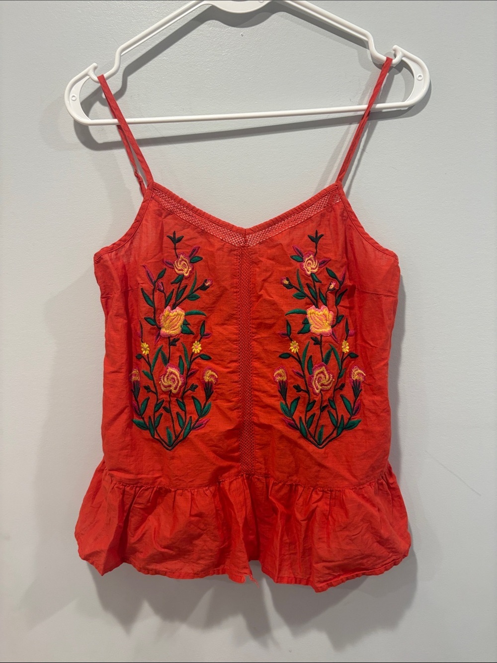 F&F Red Embroidered Floral Peplum Camisole ptp 16 small flaw